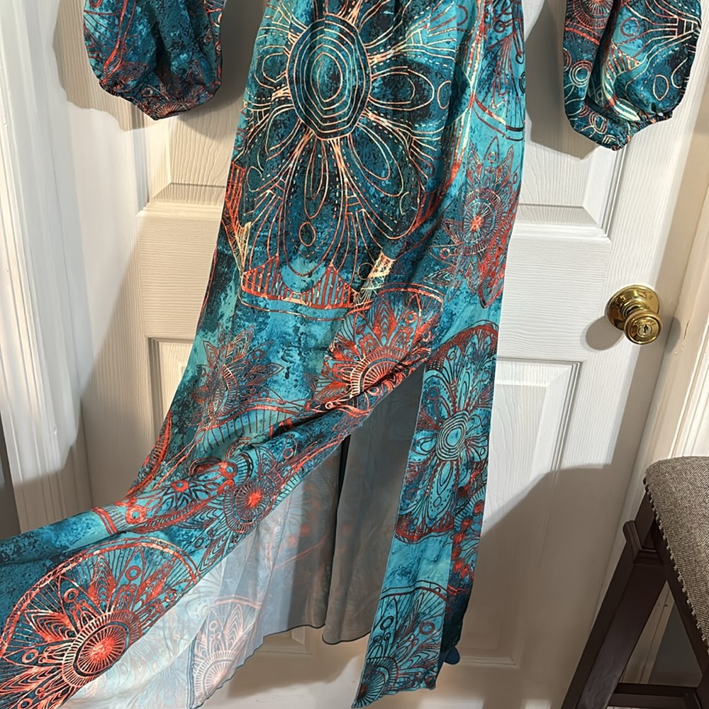 Cupshe teal blue & orange off the shoulder maxi dress, size small, NWT. - Picture 6 of 16